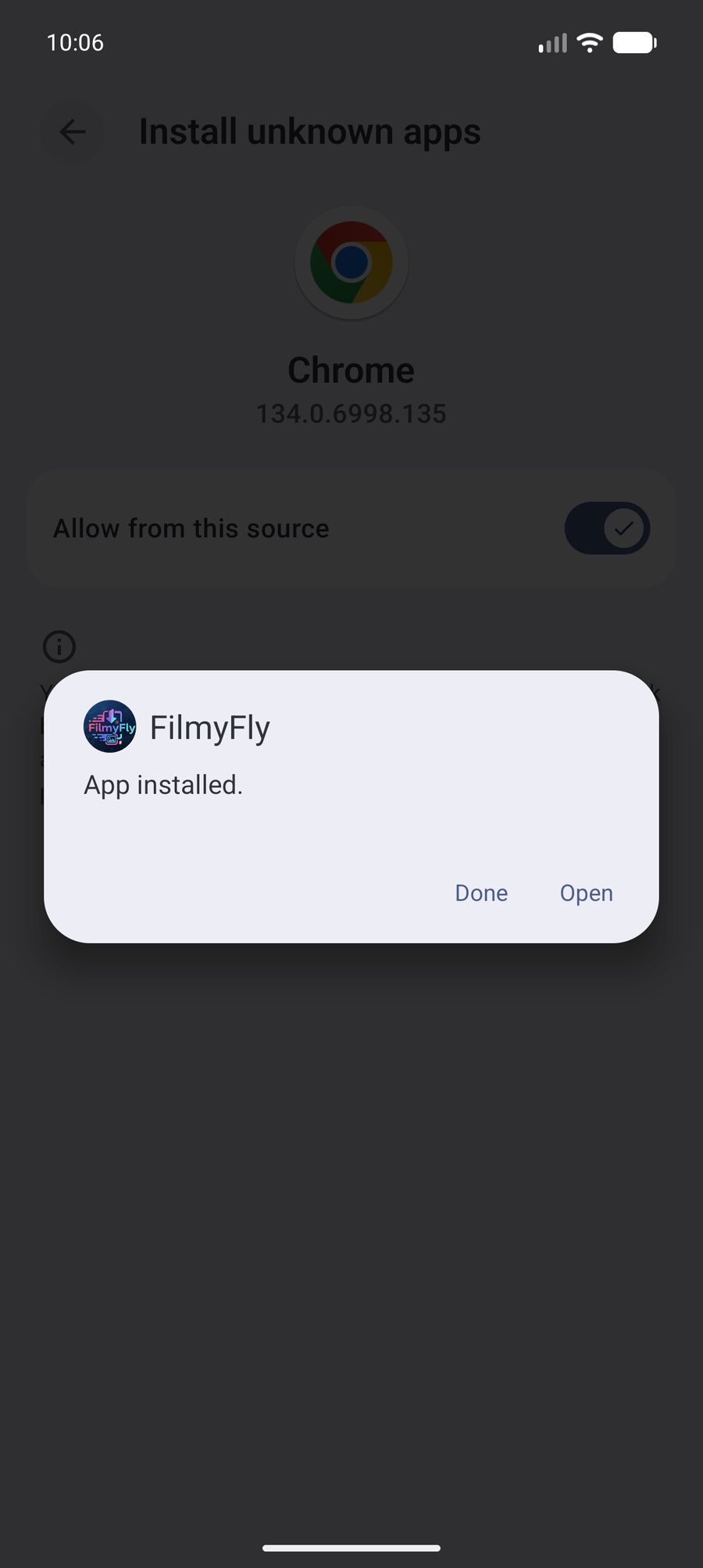 Step 5 FilmyFly app installed with open button